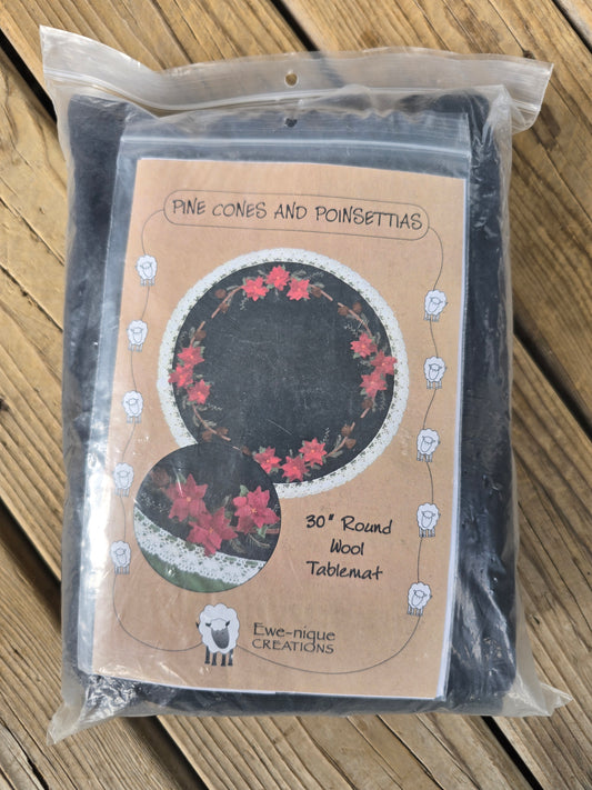 Ewe-nique Creations - Pine Cones and Poinsettias - 30" Round Wool Table Mat- Wool Kit