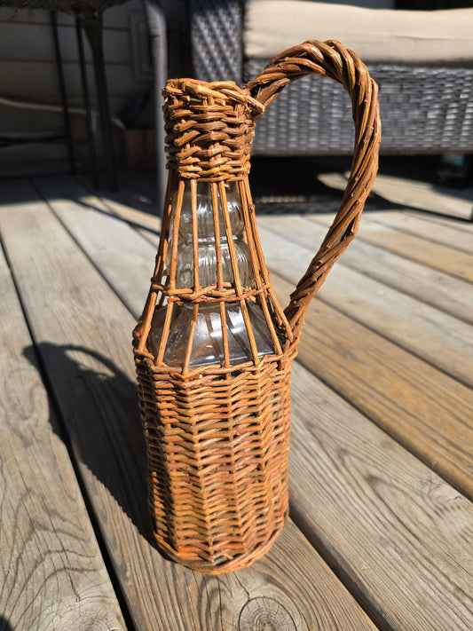 Vintage Wicker Wrapped Square Wine or Whiskey Bottle