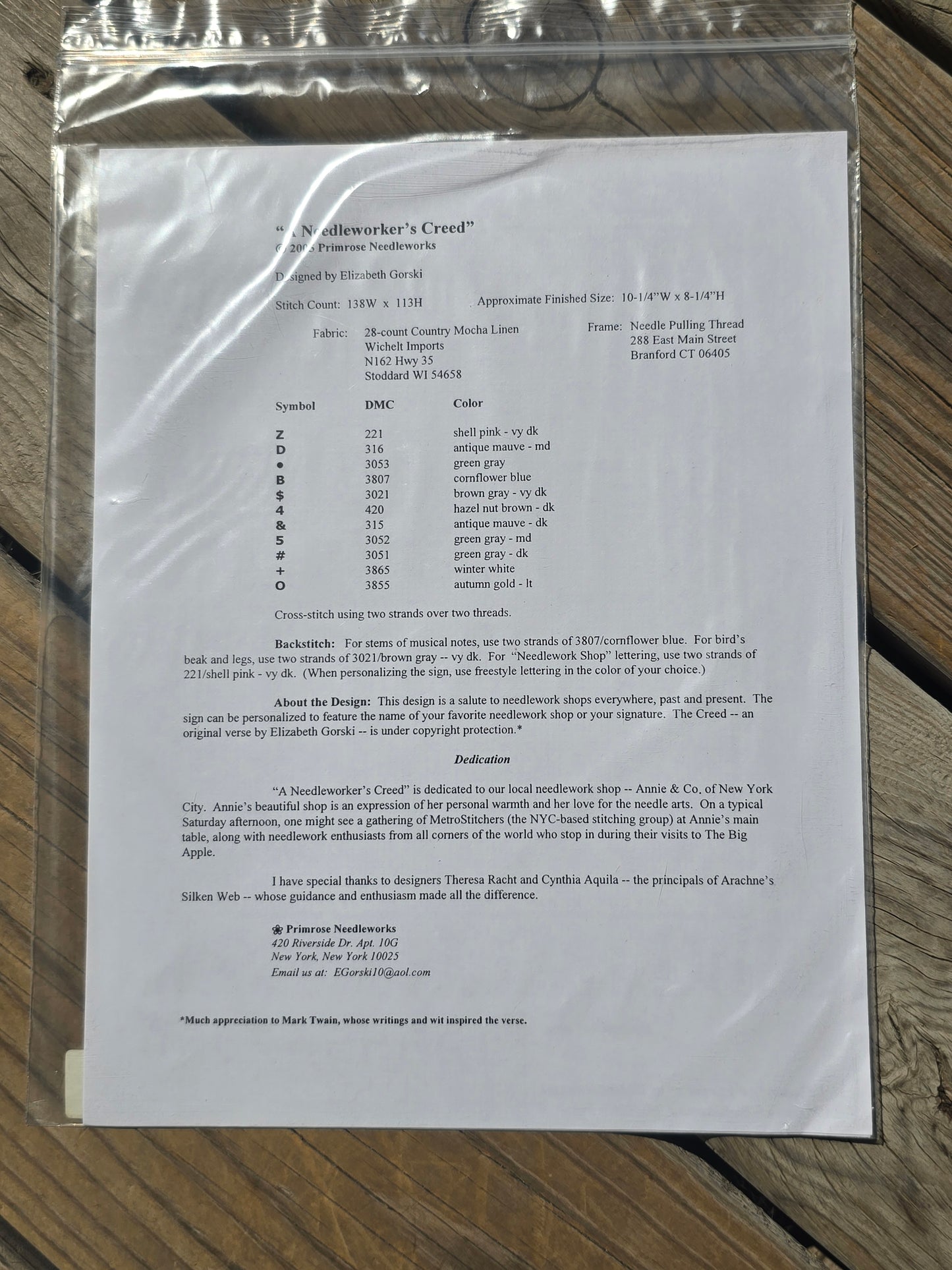 Primrose Needleworks - A Needleworker's Creed - Cross Stitch Pattern