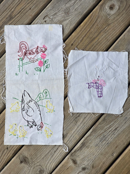 Rabbit, Rooster and Chicken Hand Embroidered Vintage Quilt Blocks - Set of 3