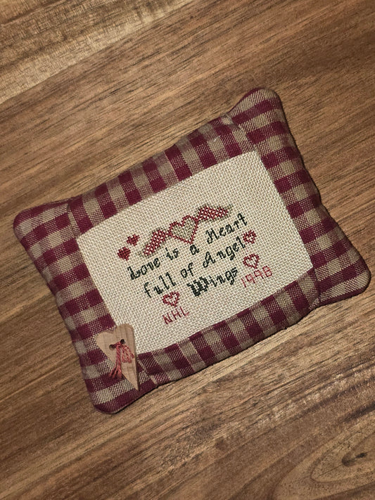 Primitive Cross Stitched Quote Pillow - Love is a Heart full of Angel Wings- Bowl Filler or Pincushion