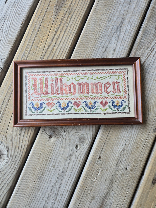 "Wilkommen" Framed Completed Cross Stitch Sampler