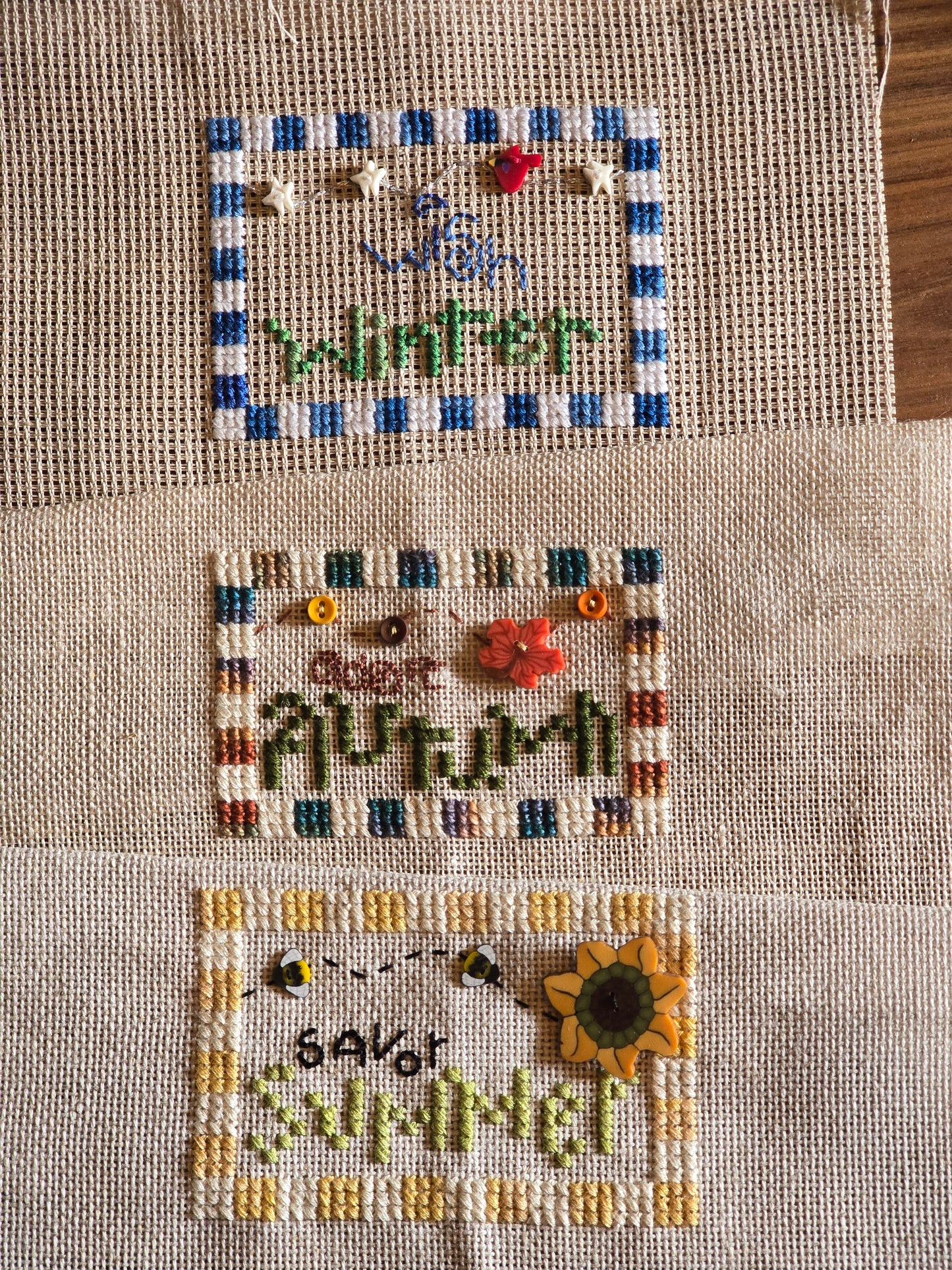 Trail Creek Farm - Winter, Summer and Autumn - Completed Cross Stitch