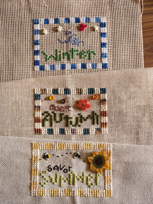 Trail Creek Farm - Winter, Summer and Autumn - Completed Cross Stitch