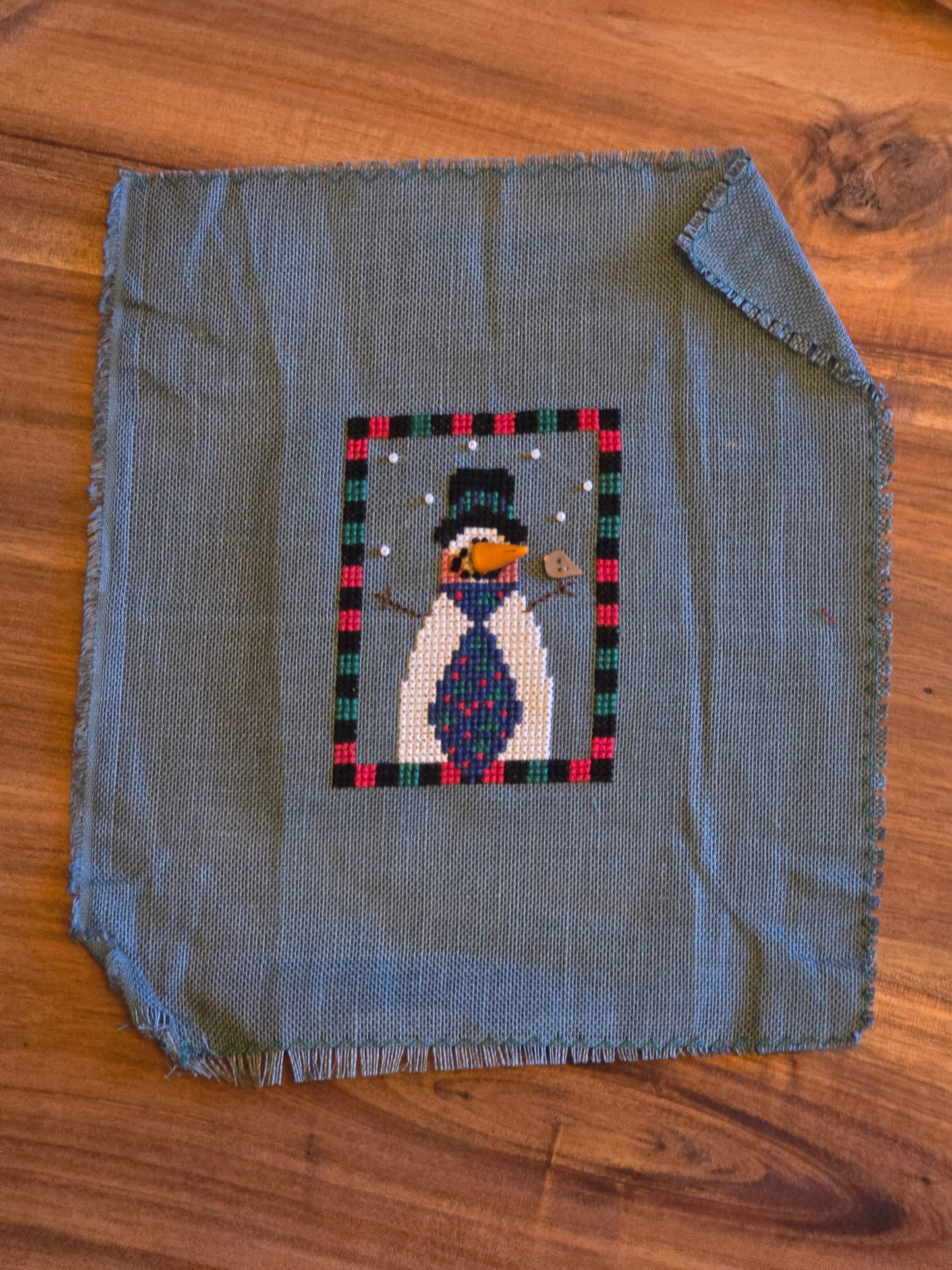 Unknown Designer - Snowman with Polymer Carrot Nose - Completed Cross Stitch