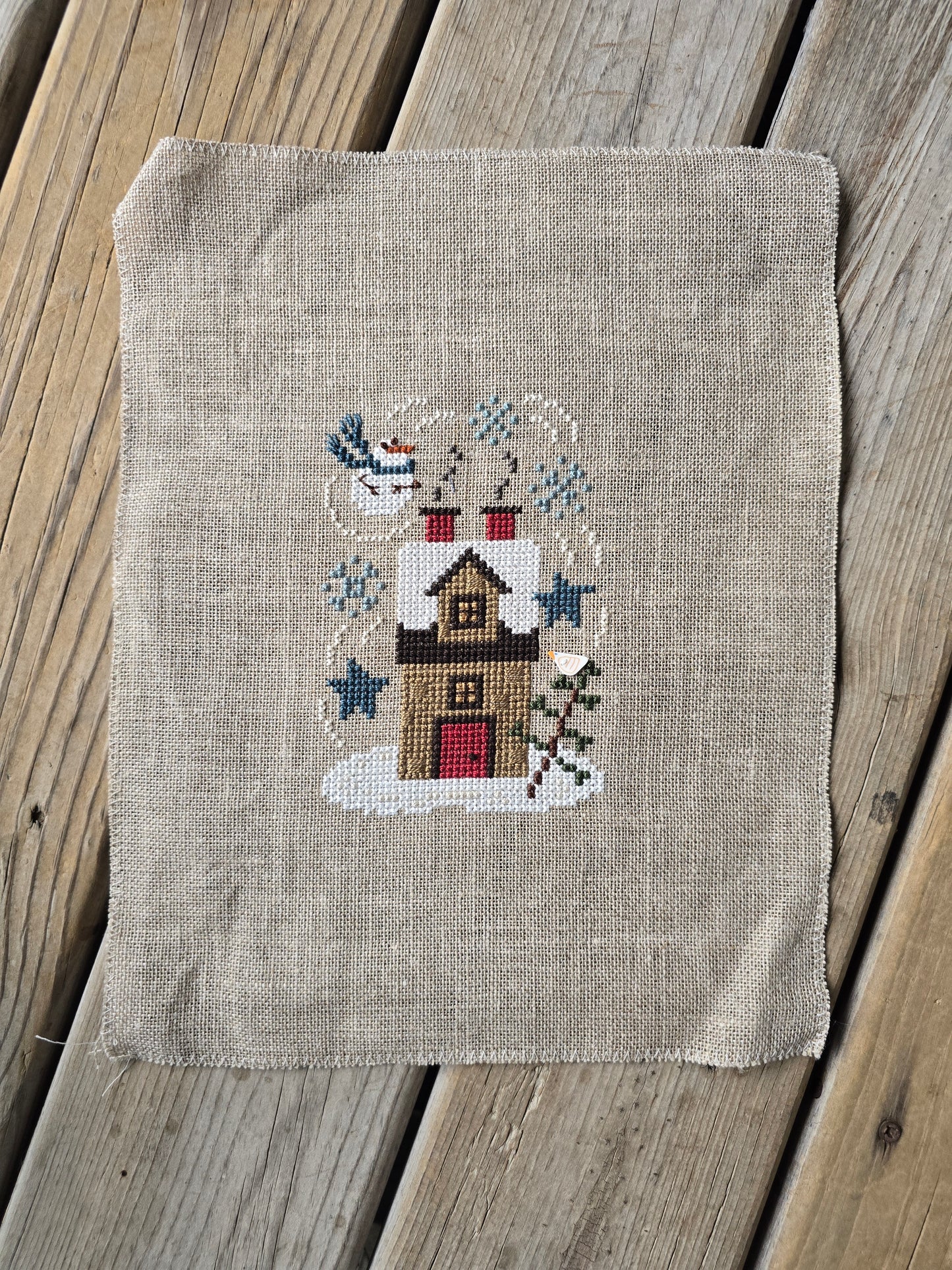 Bent Creek - Winter House Zipper - Completed Cross Stitch