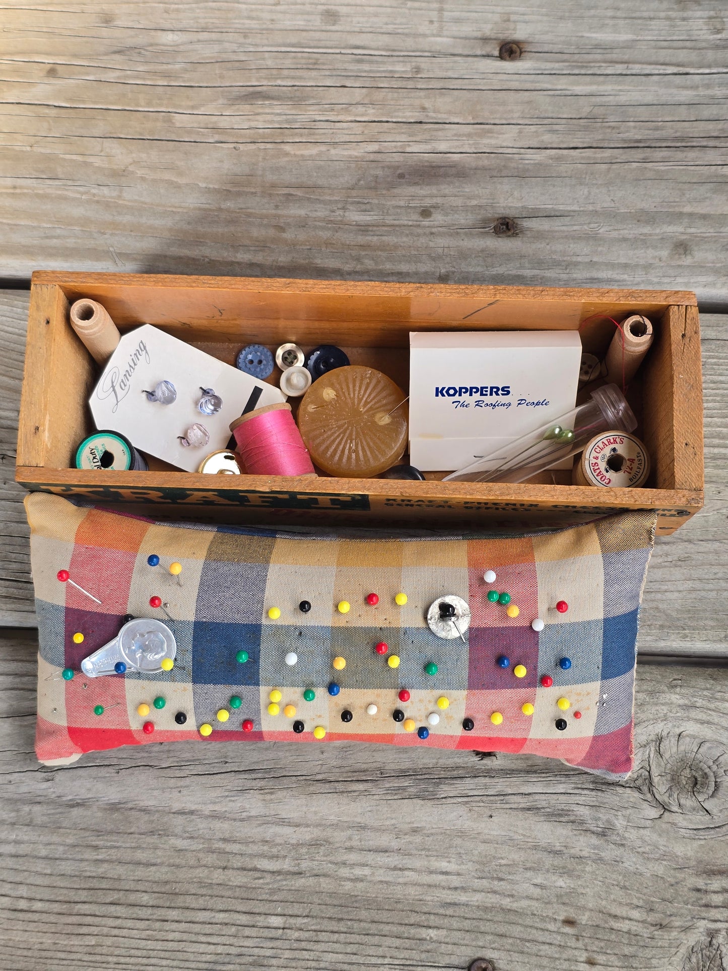 Vintage Pincushion in a Kraft Old English Cheese Box