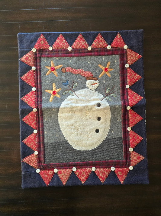 Primitive Wool Appliqué Snowman Wall Hanging – "Winter Starlight"