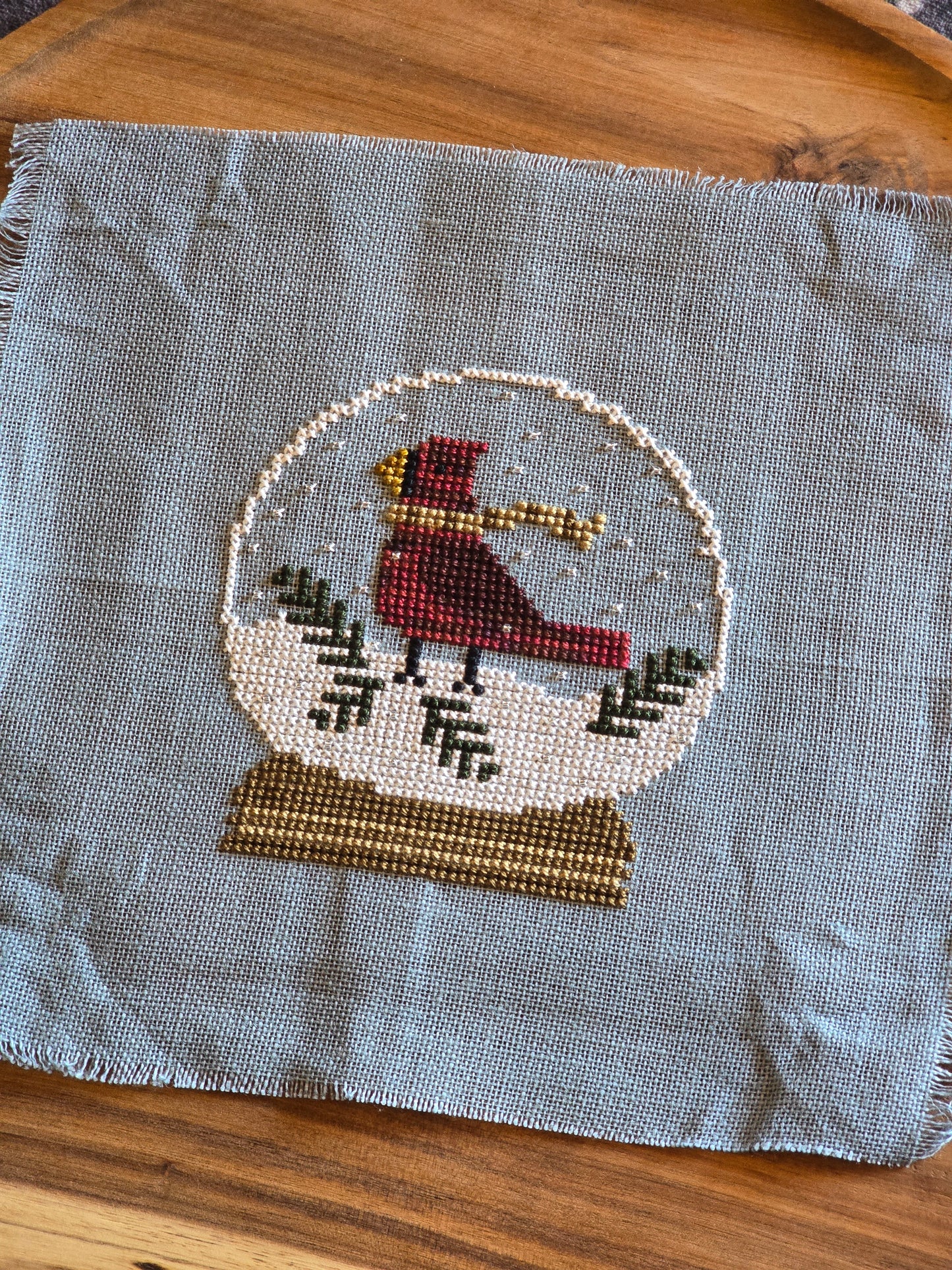 Bent Creek - Red Bird Globe - Completed Cross Stitch