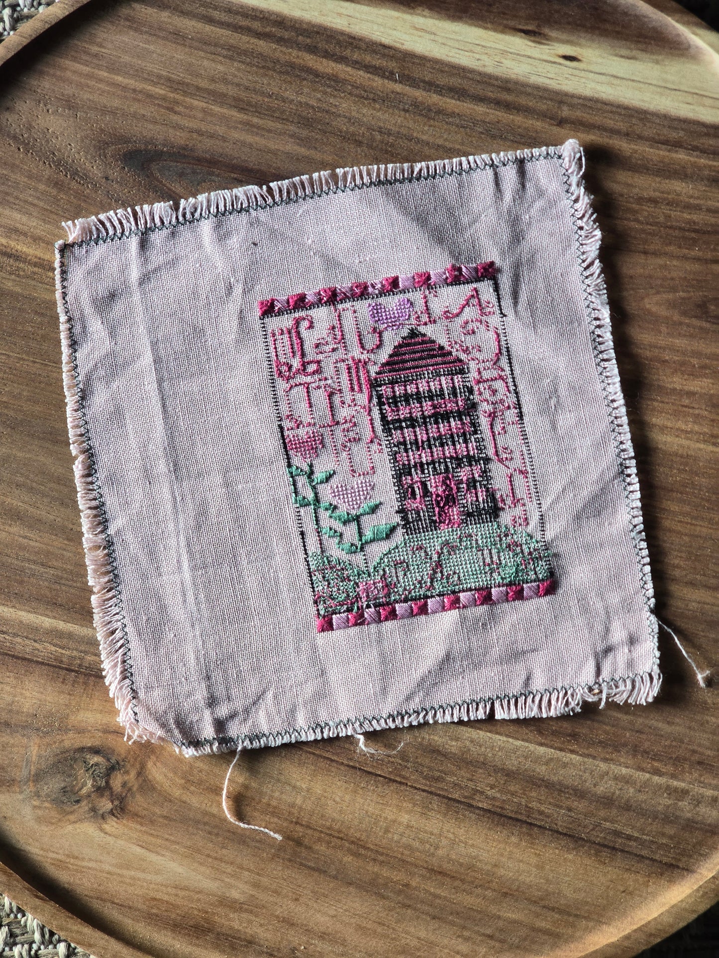 Designer Unknown - Pink House Sampler with Hearts - Completed Cross Stitch
