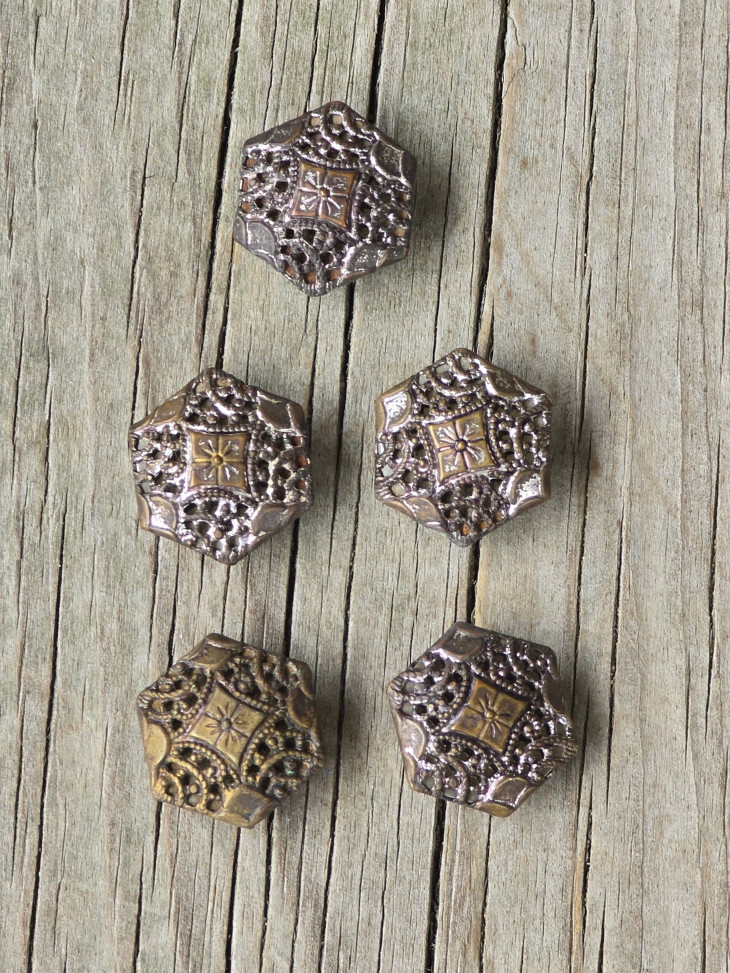 Hexagon Metal Mirror Back Vintage Buttons - Set of 5