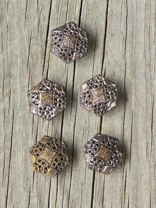 Hexagon Metal Mirror Back Vintage Buttons - Set of 5