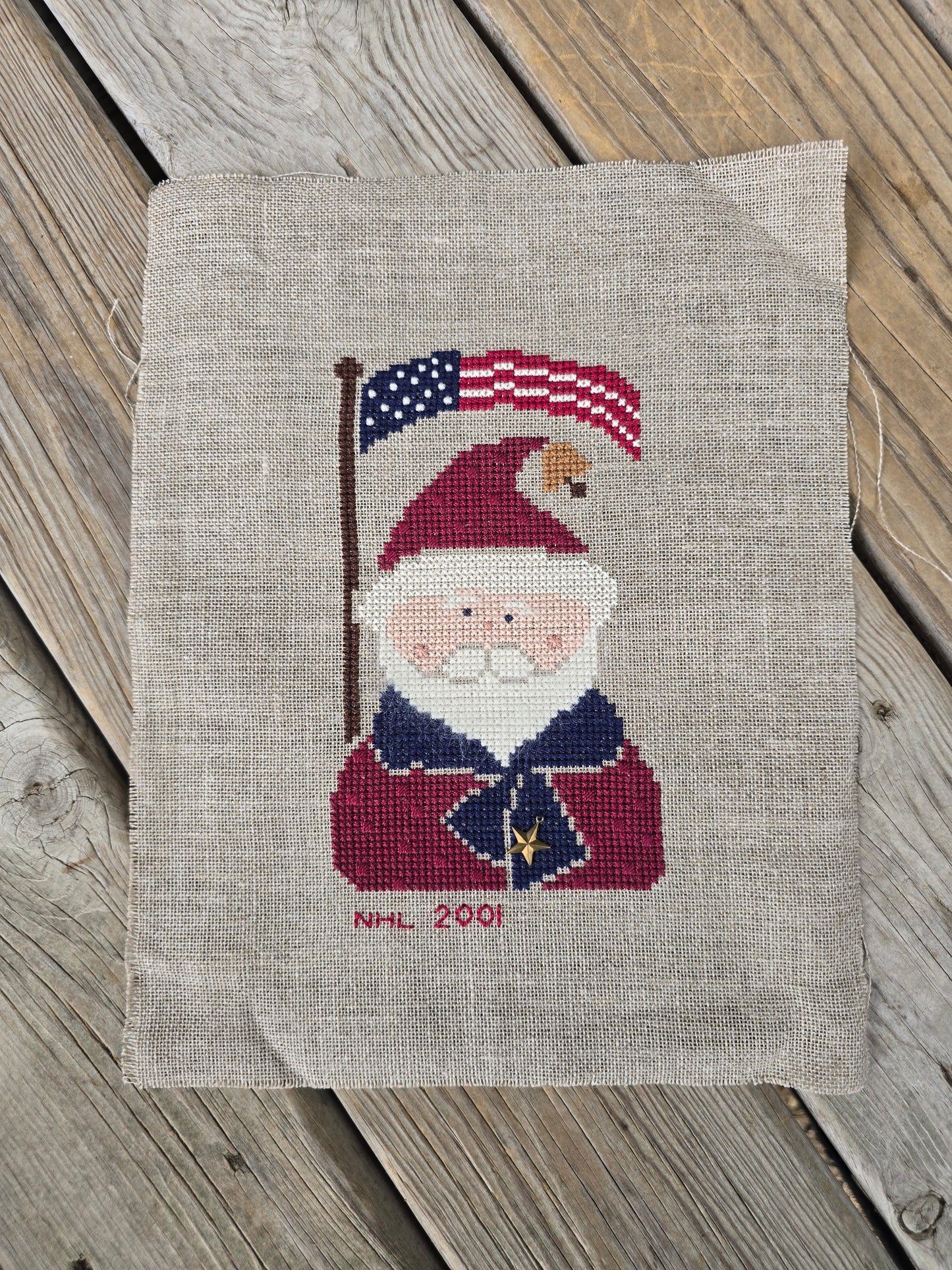 Bent Creek - Patriotic Santa Zipper - Completed Cross Stitch