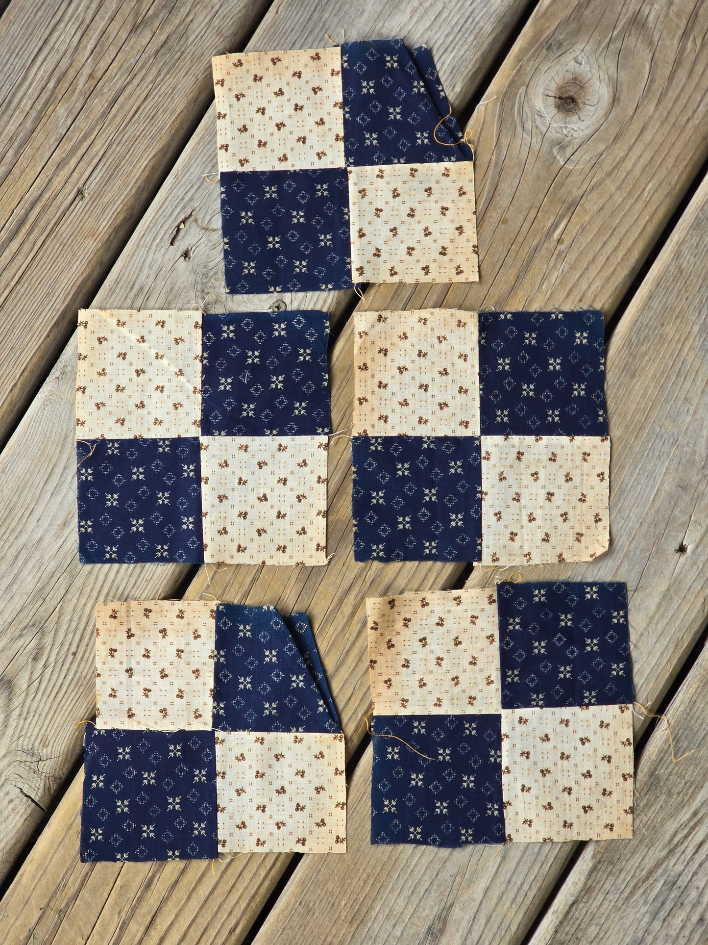 Antique Blue and Cream Four Patch Quilt Blocks - Set of 27