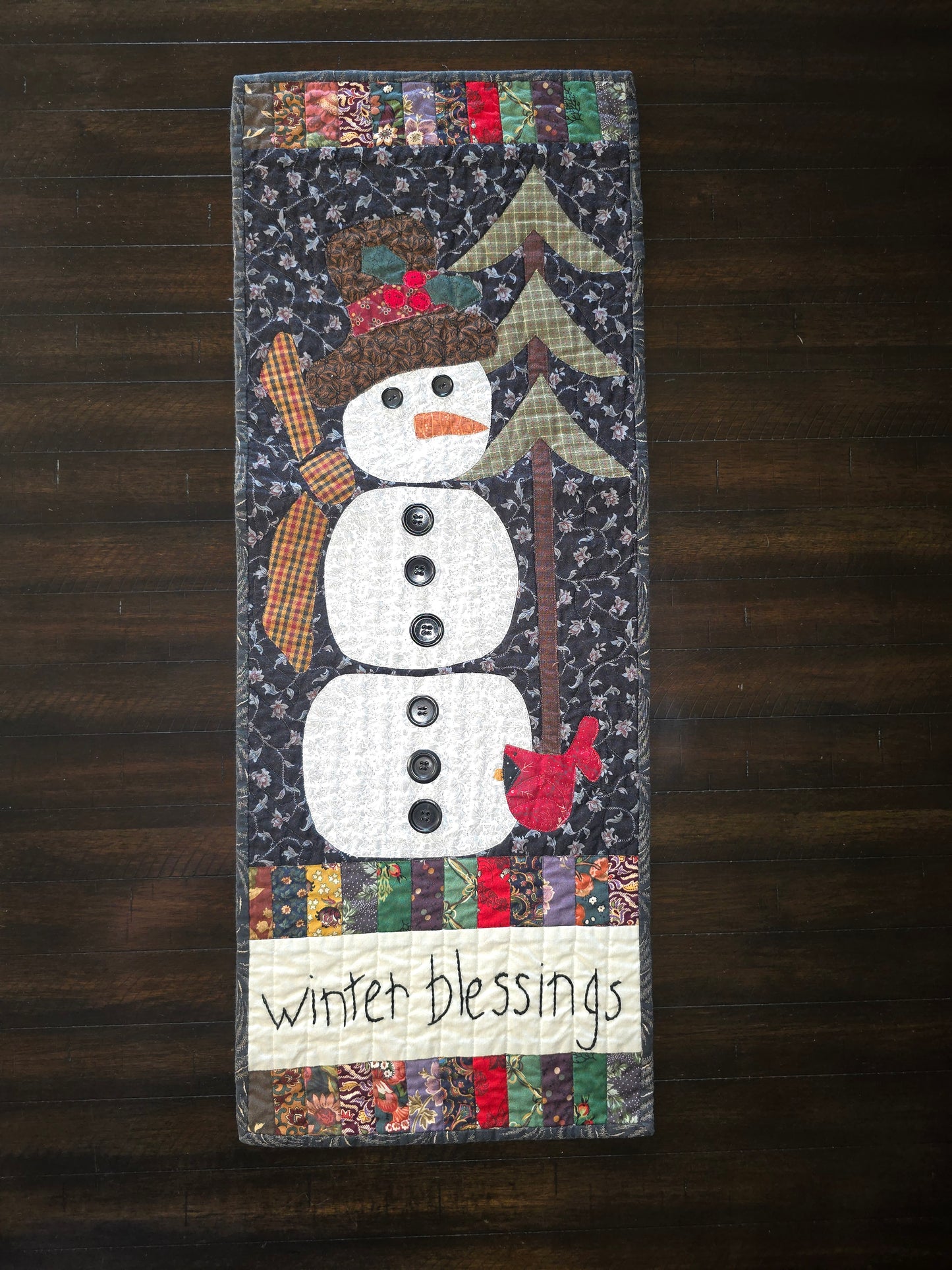 Handcrafted "Winter Blessings" Snowman Wall Hanging – Primitive Quilted Decor