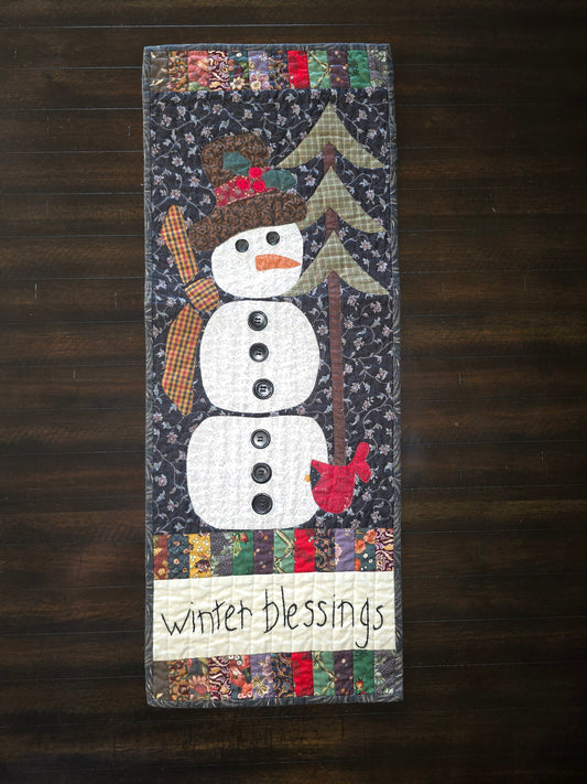 Handcrafted "Winter Blessings" Snowman Wall Hanging – Primitive Quilted Decor