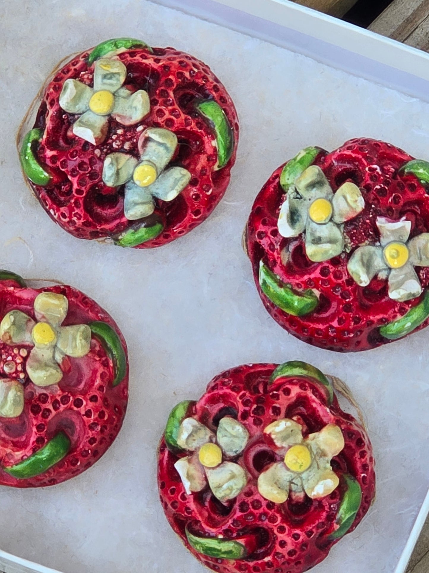 Set of Four Red and White Vintage Floral Buttons - Notions