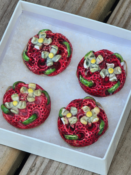 Set of Four Red and White Vintage Floral Buttons - Notions