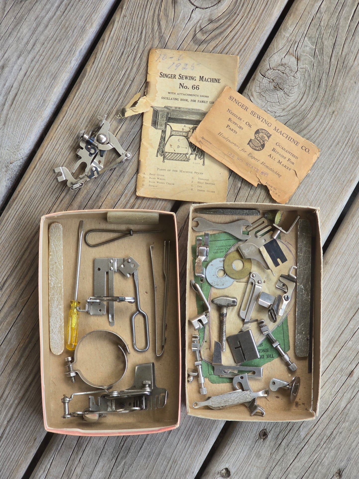Box of Vintage Singer Sewing Machine Attachments and Manual