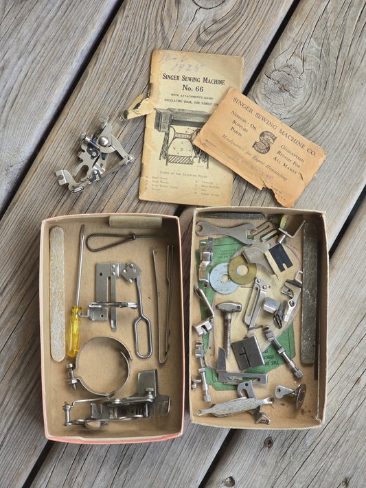 Box of Vintage Singer Sewing Machine Attachments and Manual