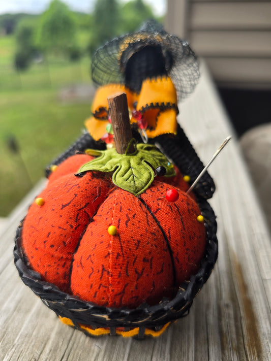 Halloween Pumpkin & Witch Pincushion