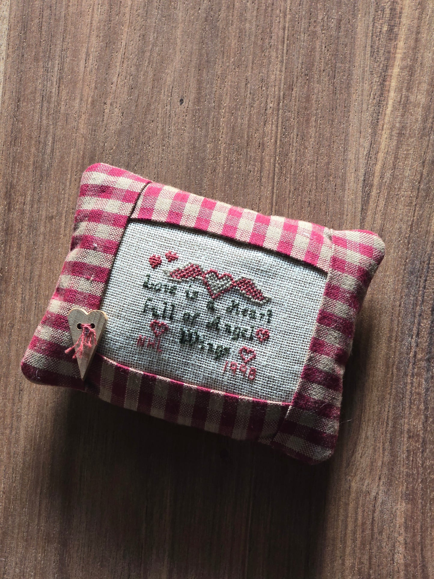 Primitive Cross Stitched Quote Pillow - Love is a Heart full of Angel Wings- Bowl Filler or Pincushion