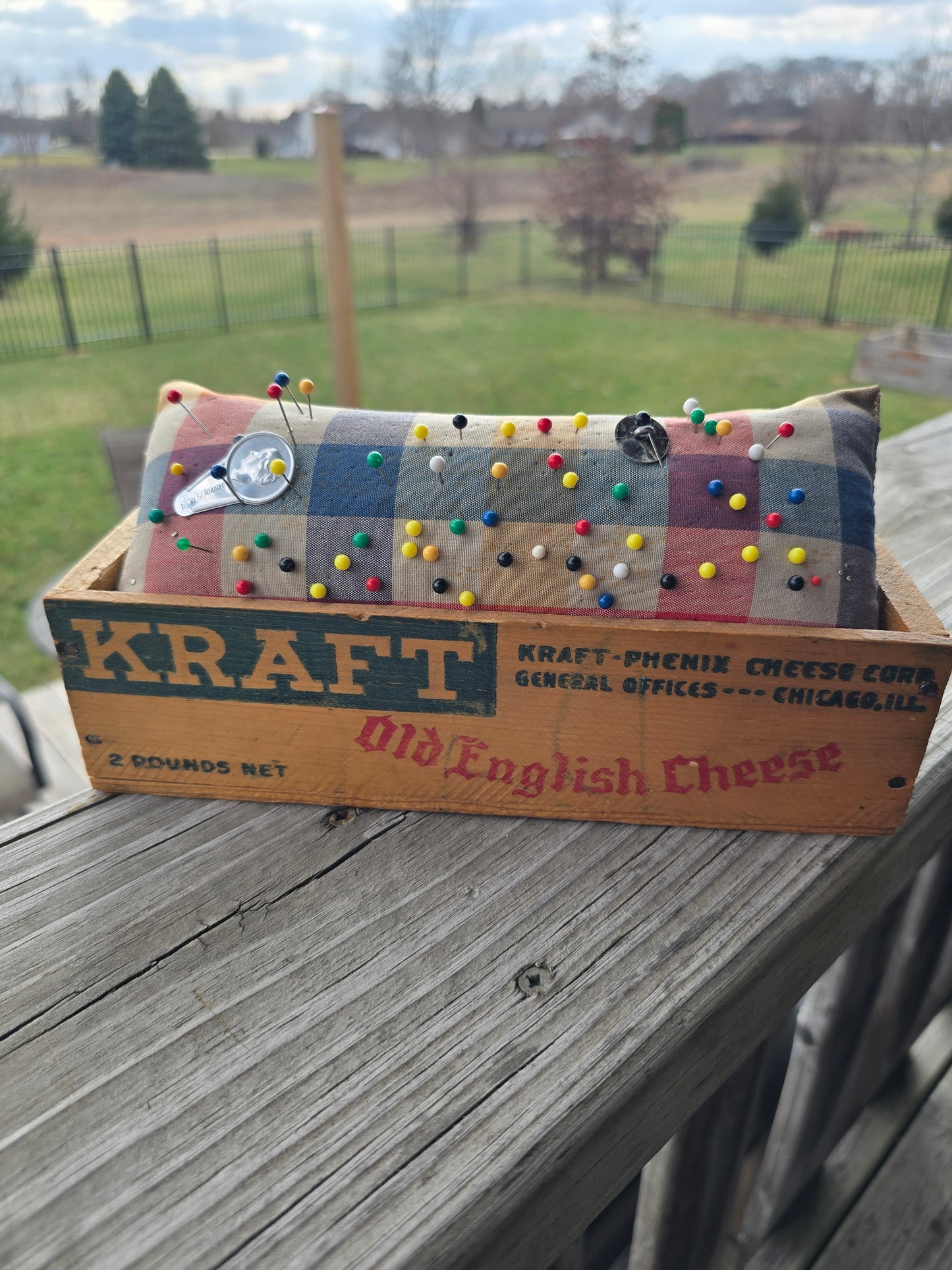 Vintage Pincushion in a Kraft Old English Cheese Box
