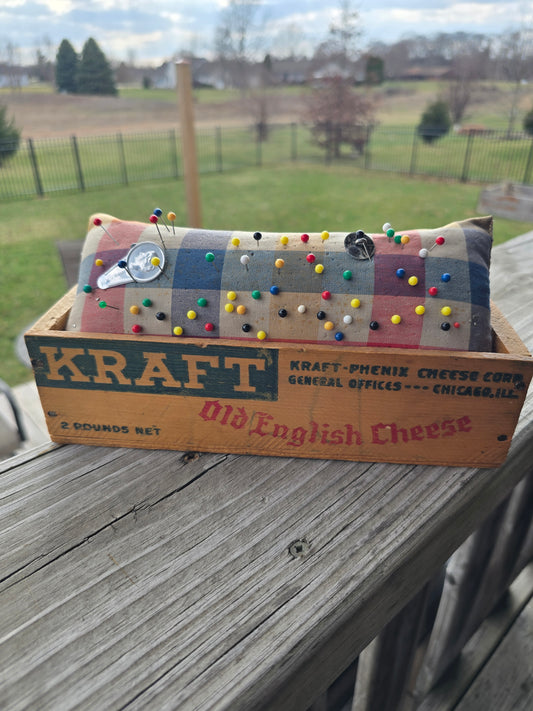 Vintage Pincushion in a Kraft Old English Cheese Box