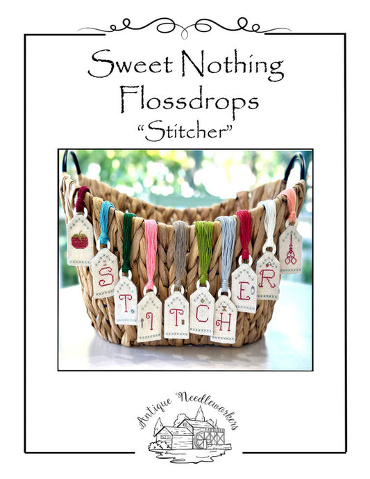 Antique Needleworkers - Sweet Nothing Flossdrops "Stitcher" with Mother of Pearl Donut Beads - Cross Stitch Pattern - Nashville Needlework Market 2026